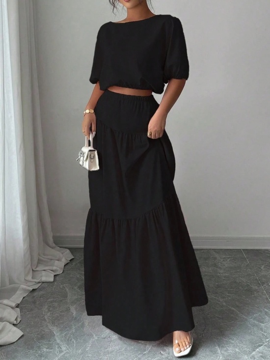 Dresses & Skirts - Solid Black Puff Sleeve Cropped top Maxi skirt Set